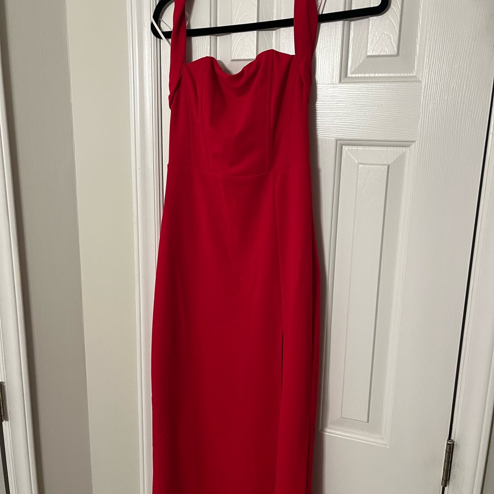Lulus Irresistible Silhouette Red Backless Bustier Halter Midi Dress